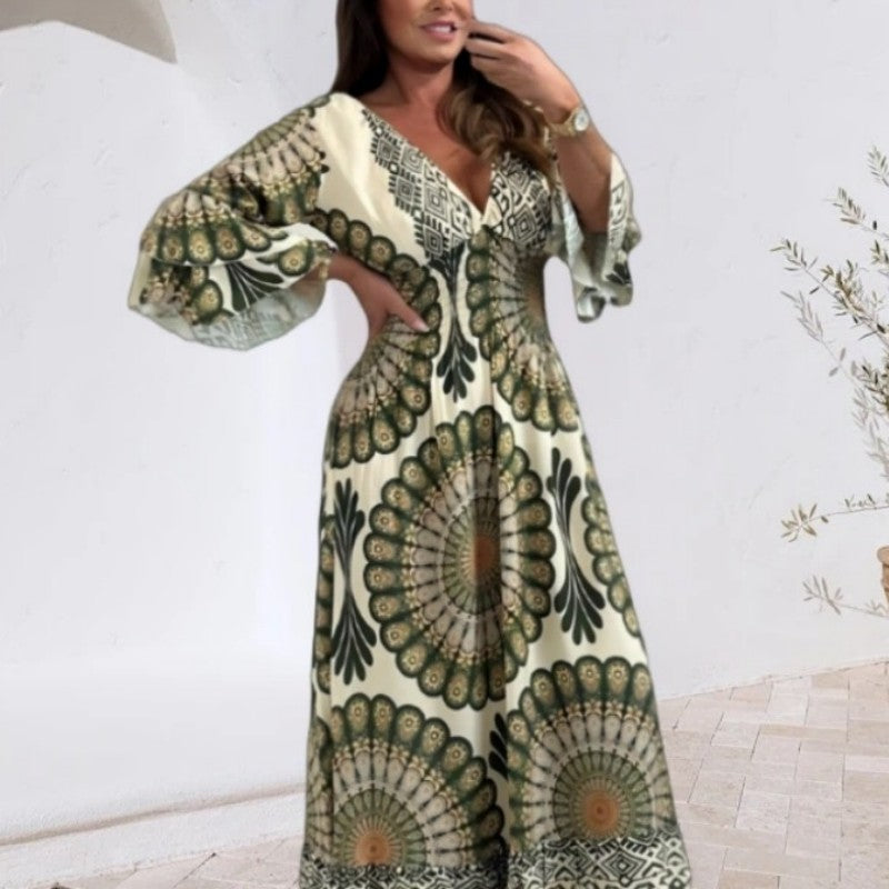 Robe longue rétro bohème à col en V profond pour femme