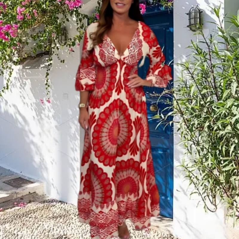 Robe longue rétro bohème à col en V profond pour femme