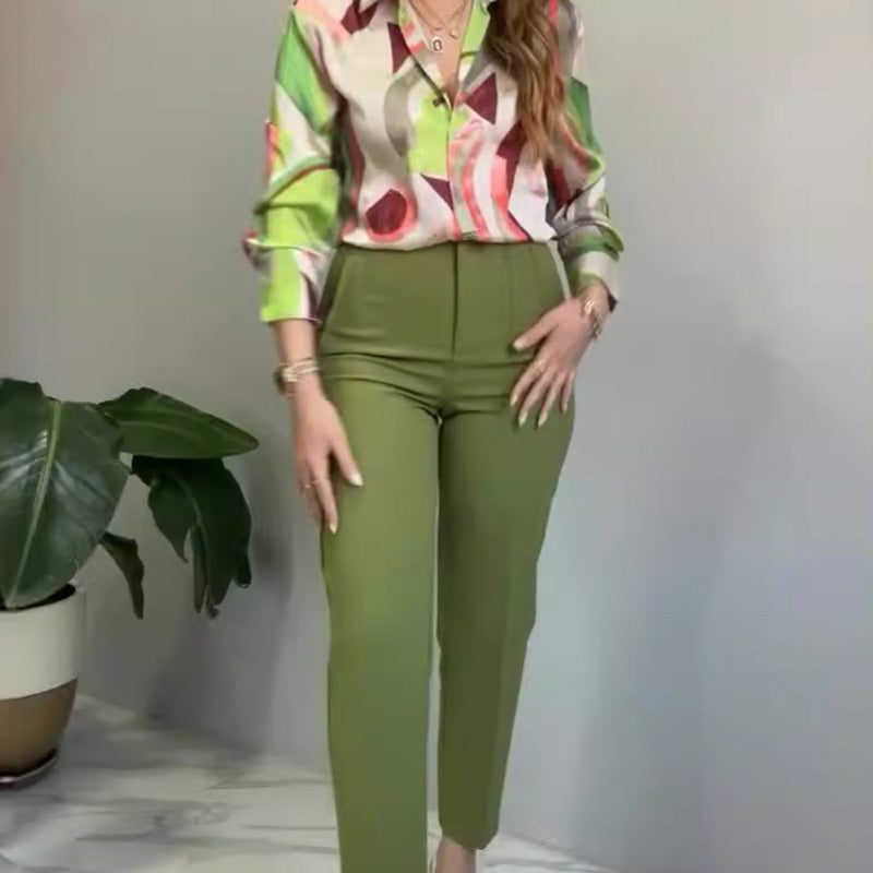 Ensemble 2 pièces chemise imprimée et pantalon à boutons pour femme
