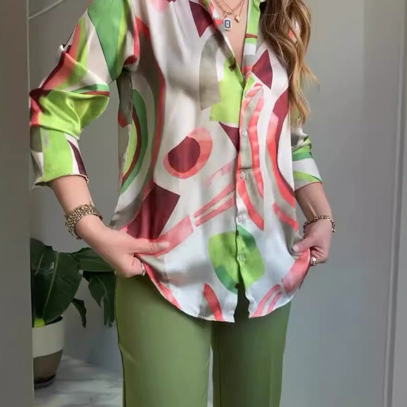 Ensemble 2 pièces chemise imprimée et pantalon à boutons pour femme