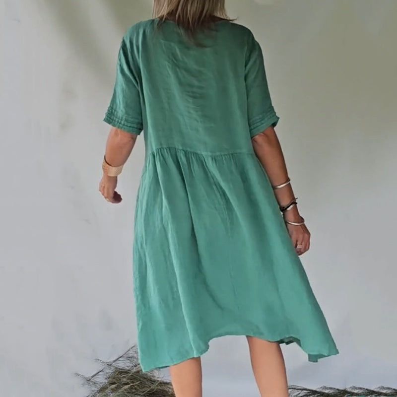Robe chemise en coton et lin à manches courtes de style rétro