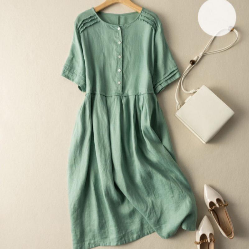 Robe chemise en coton et lin à manches courtes de style rétro