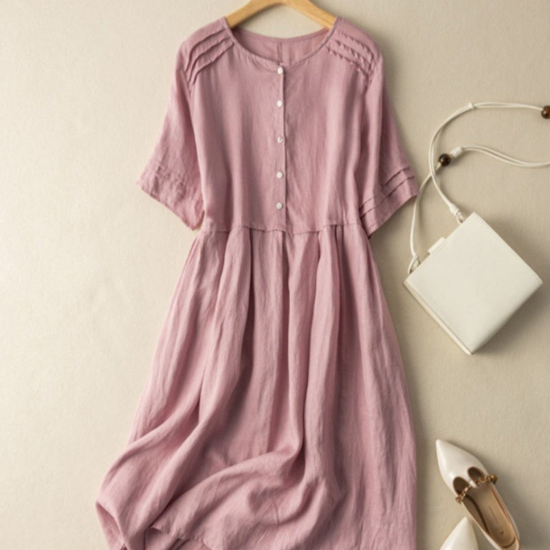 Robe chemise en coton et lin à manches courtes de style rétro
