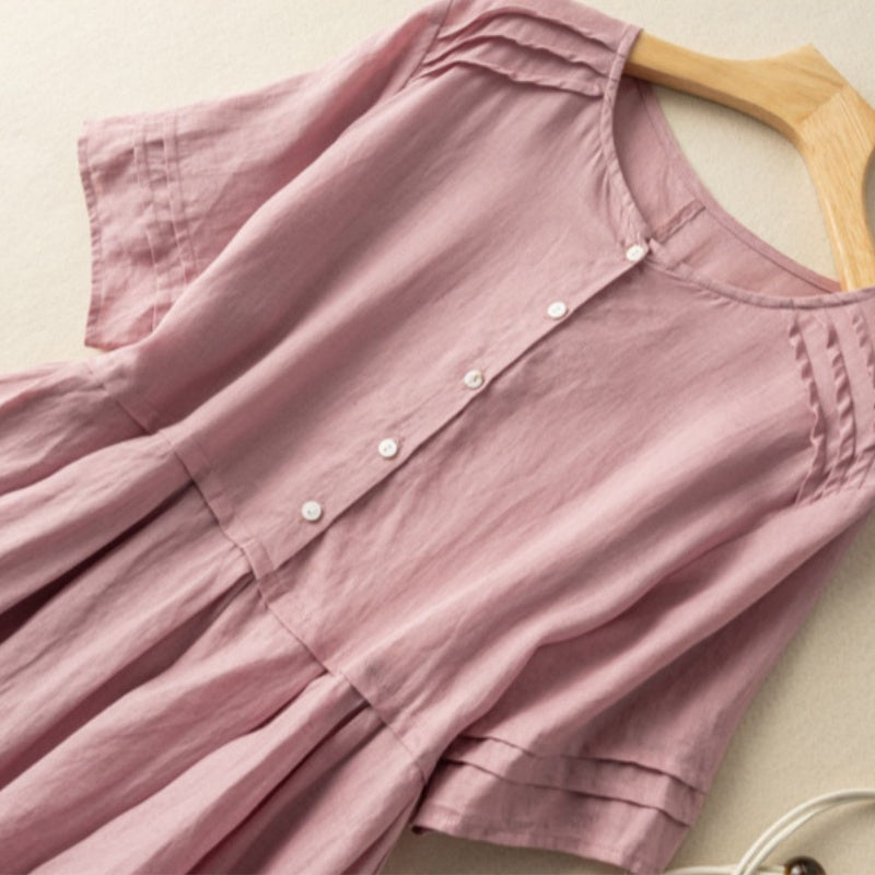 Robe chemise en coton et lin à manches courtes de style rétro