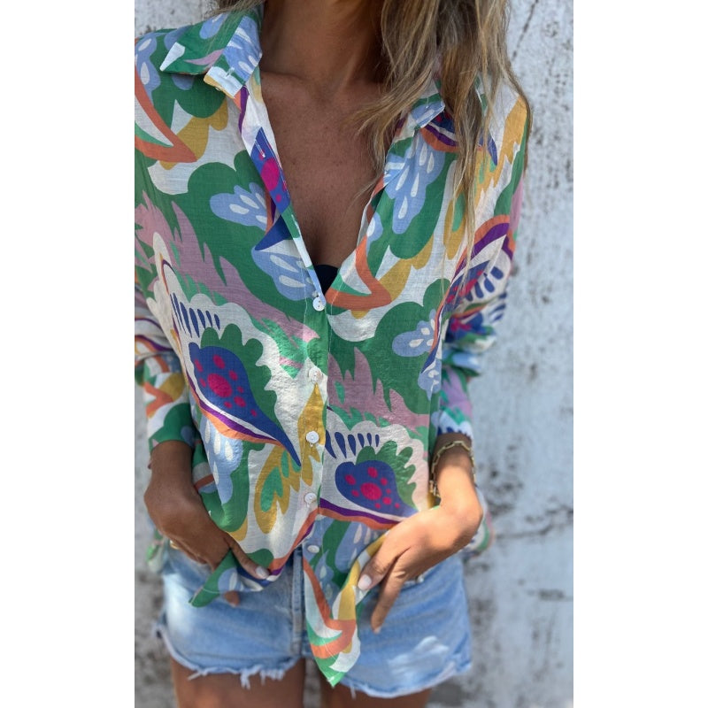 🌴Promotions d'été🌴Chemise à manches longues avec revers, imprimé floral vibrant, pour femmes