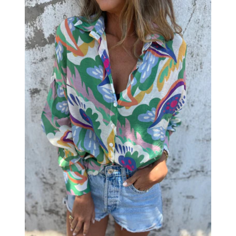 🌴Promotions d'été🌴Chemise à manches longues avec revers, imprimé floral vibrant, pour femmes