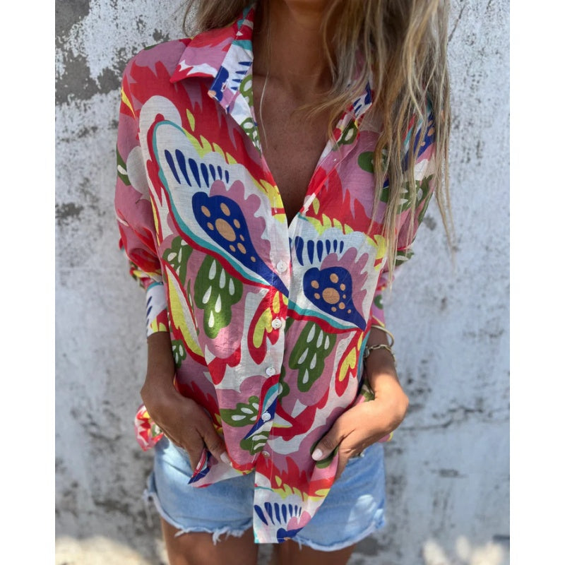🌴Promotions d'été🌴Chemise à manches longues avec revers, imprimé floral vibrant, pour femmes