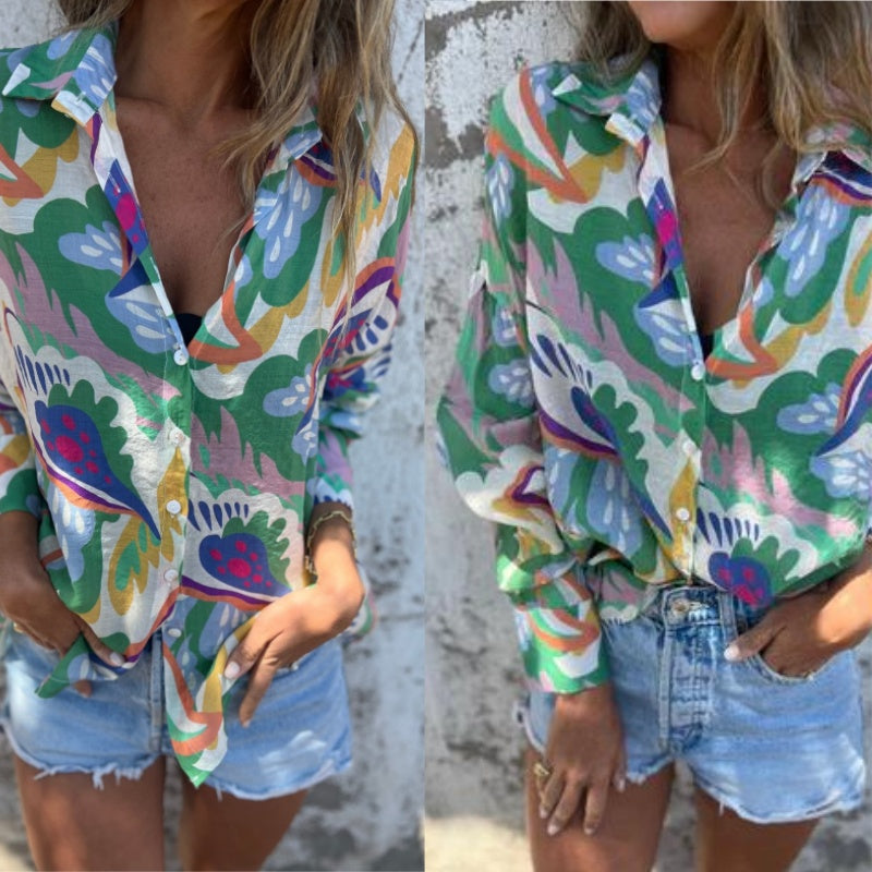 🌴Promotions d'été🌴Chemise à manches longues avec revers, imprimé floral vibrant, pour femmes