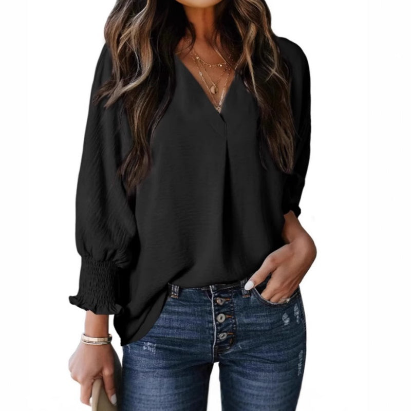 Chemise ample décontractée à col en V et manches 3/4