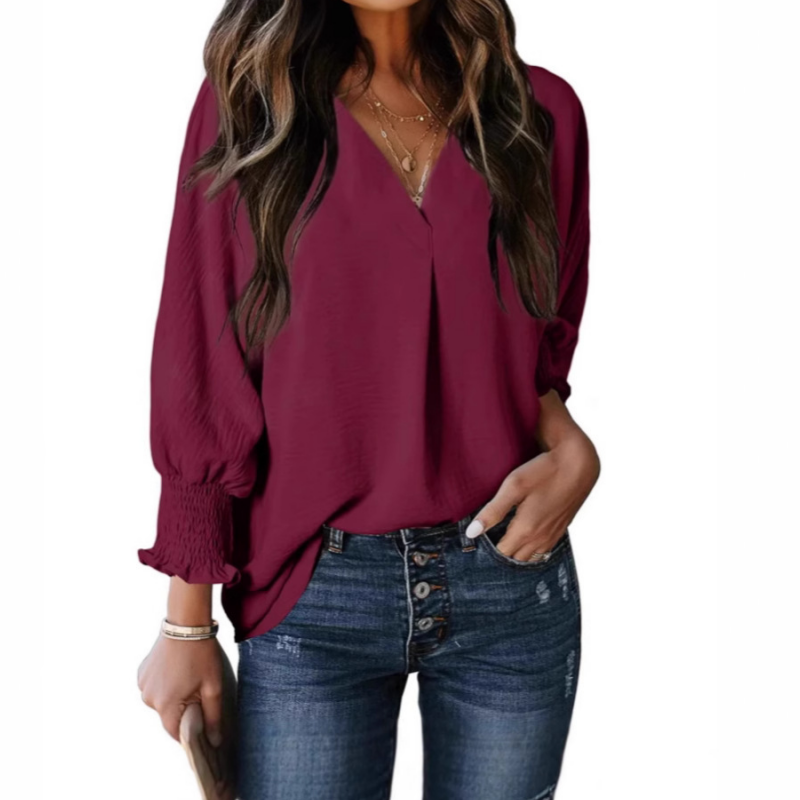 Chemise ample décontractée à col en V et manches 3/4