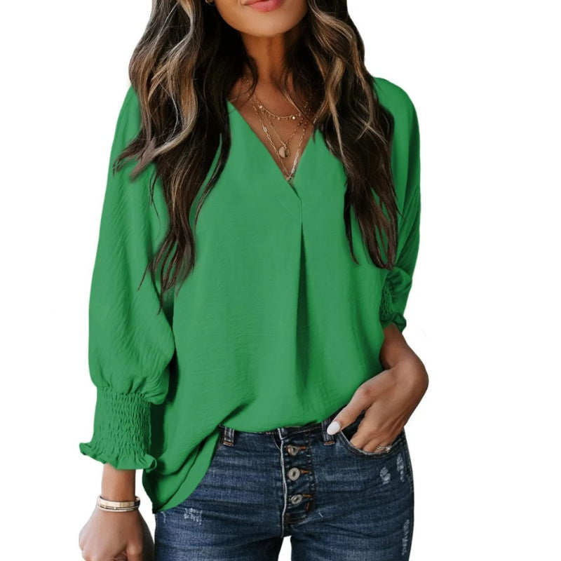 Chemise ample décontractée à col en V et manches 3/4