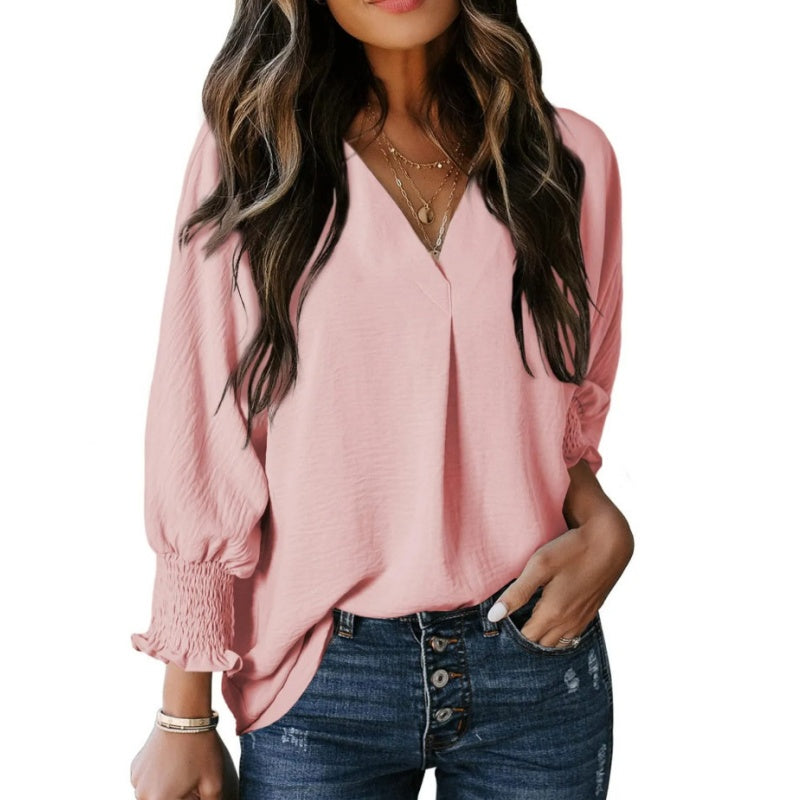 Chemise ample décontractée à col en V et manches 3/4