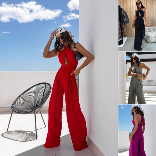 Combinaison sexy avec dos nu et sans manches à jambes larges pour femmes