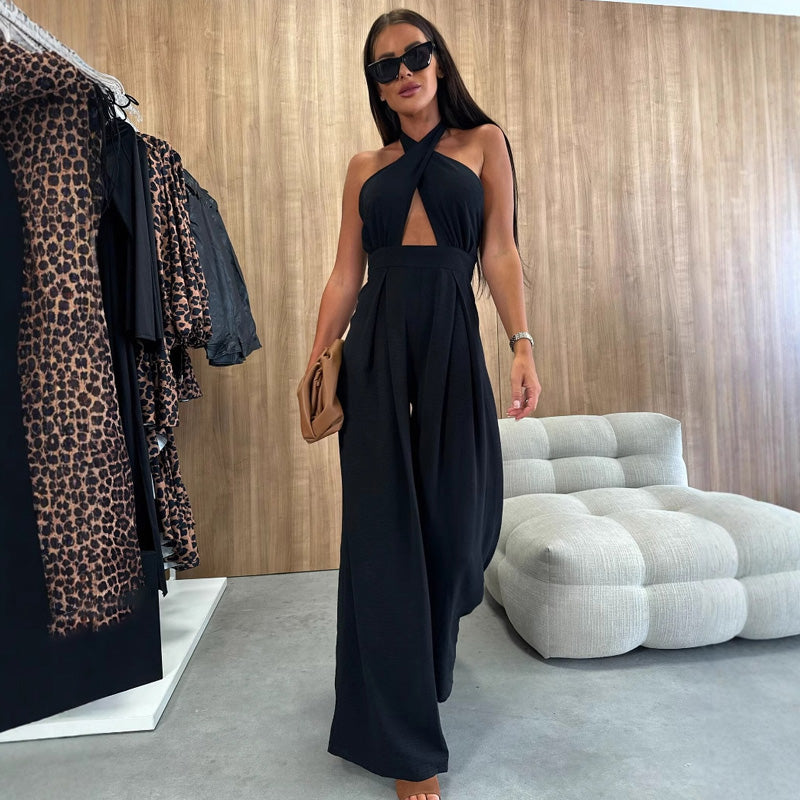Combinaison sexy avec dos nu et sans manches à jambes larges pour femmes
