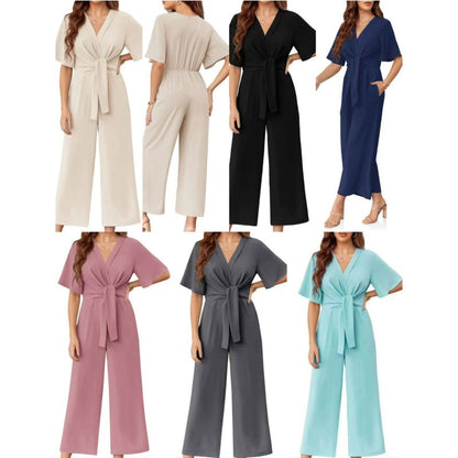 Combinaison élégante à col en V et jambes larges pour femme avec ceinture nouée