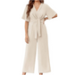 Combinaison élégante à col en V et jambes larges pour femme avec ceinture nouée