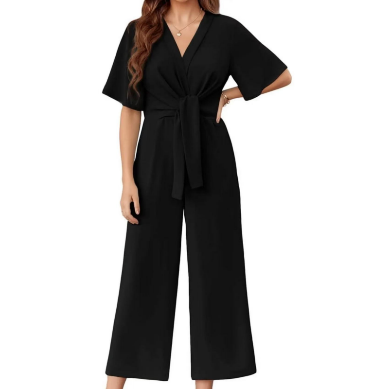 Combinaison élégante à col en V et jambes larges pour femme avec ceinture nouée