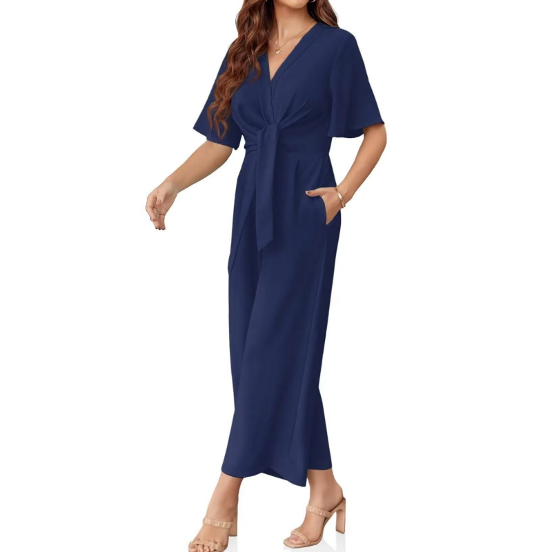 Combinaison élégante à col en V et jambes larges pour femme avec ceinture nouée