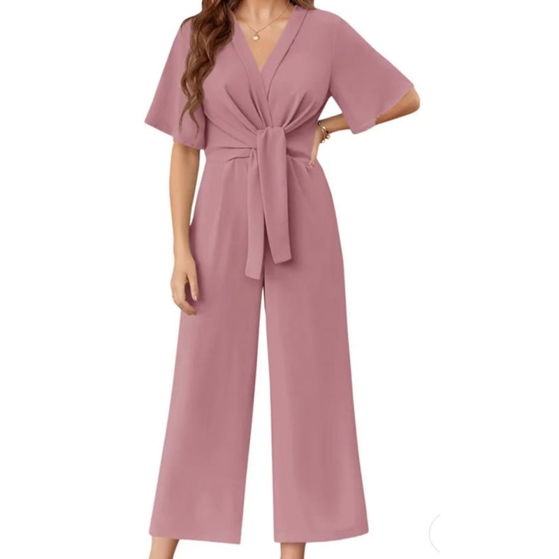 Combinaison élégante à col en V et jambes larges pour femme avec ceinture nouée