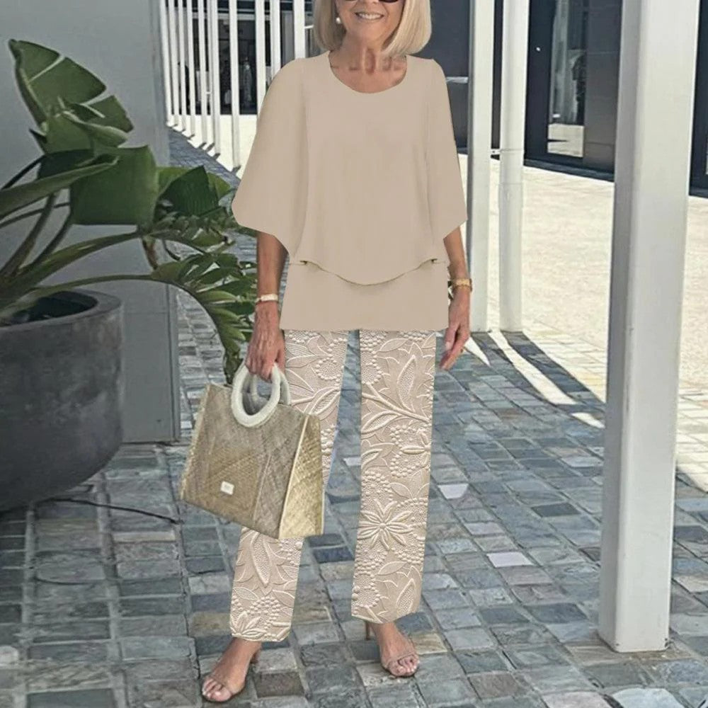 🌸Ensemble pantalon décontracté pour femme avec une encolure ronde et des demi-manches avec un imprimé