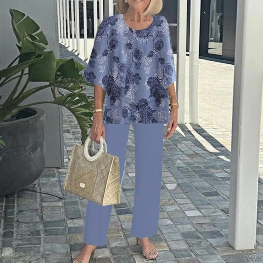🌸Ensemble pantalon décontracté pour femme avec une encolure ronde et des demi-manches avec un imprimé