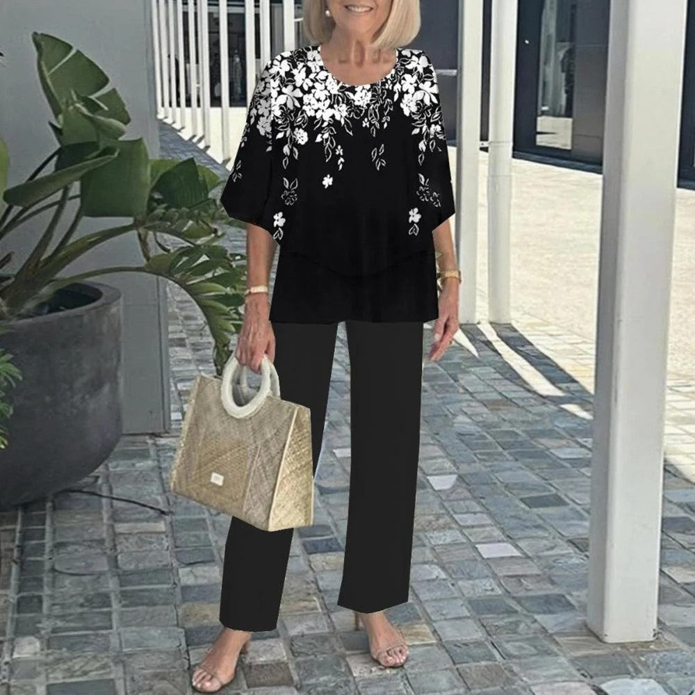 🌸Ensemble pantalon décontracté pour femme avec une encolure ronde et des demi-manches avec un imprimé