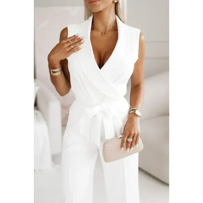 [M-2XL]☀️Women's Sans manches col en V solide Jumpsuit🕊️