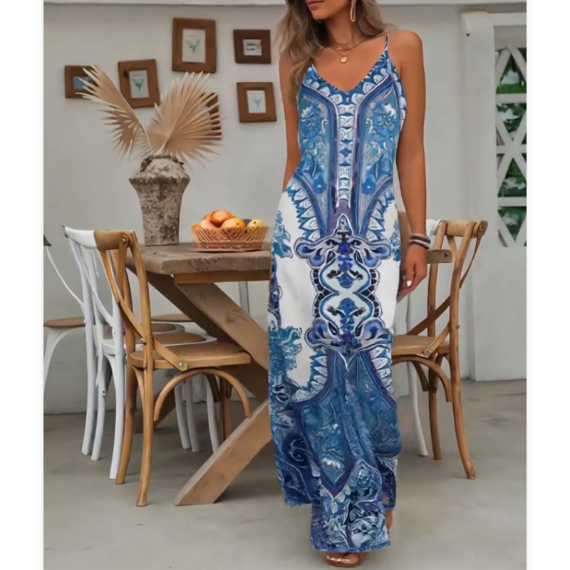 👗Robe maxi sans manches, décolleté en V, imprimé rétro pour femme
