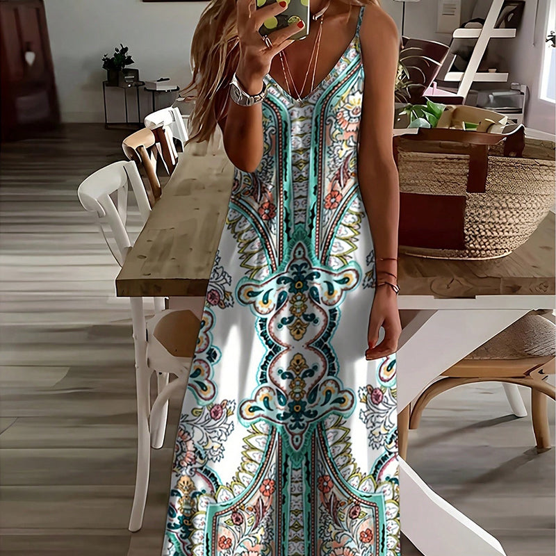 👗Robe maxi sans manches, décolleté en V, imprimé rétro pour femme