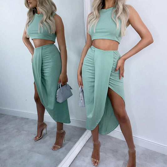 🌸Nouvel arrivage 50 % de réduction💖 Ensemble Slim Sleeveless Top & Irregular Midi Skirt