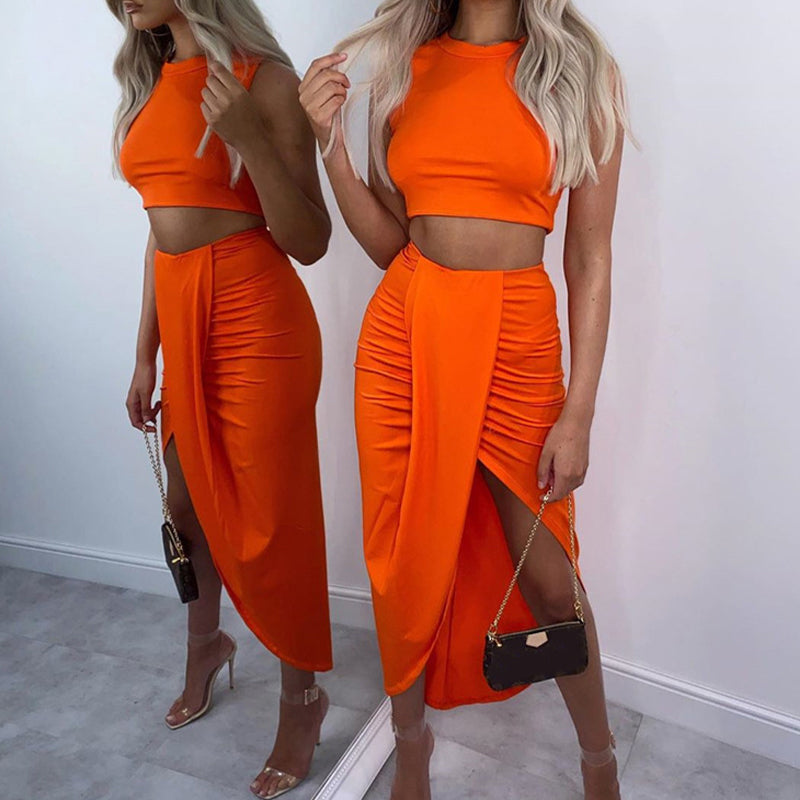 🌸Nouvel arrivage 50 % de réduction💖 Ensemble Slim Sleeveless Top & Irregular Midi Skirt