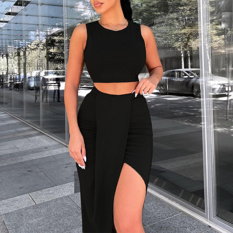 🌸Nouvel arrivage 50 % de réduction💖 Ensemble Slim Sleeveless Top & Irregular Midi Skirt