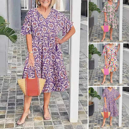 🎉Soldes exceptionnelles : 50 % de réduction🎉Robe midi imprimée à col en V