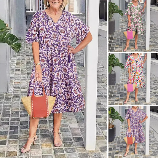 🎉Soldes exceptionnelles : 50 % de réduction🎉Robe midi imprimée à col en V