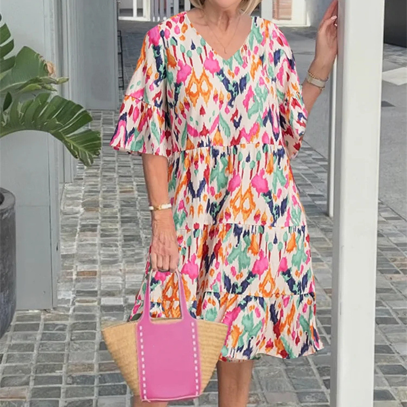 🎉Soldes exceptionnelles : 50 % de réduction🎉Robe midi imprimée à col en V