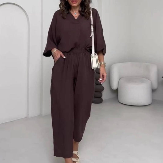 Deux-pièces pour femmes : Top à col en V & pantalon à la cheville