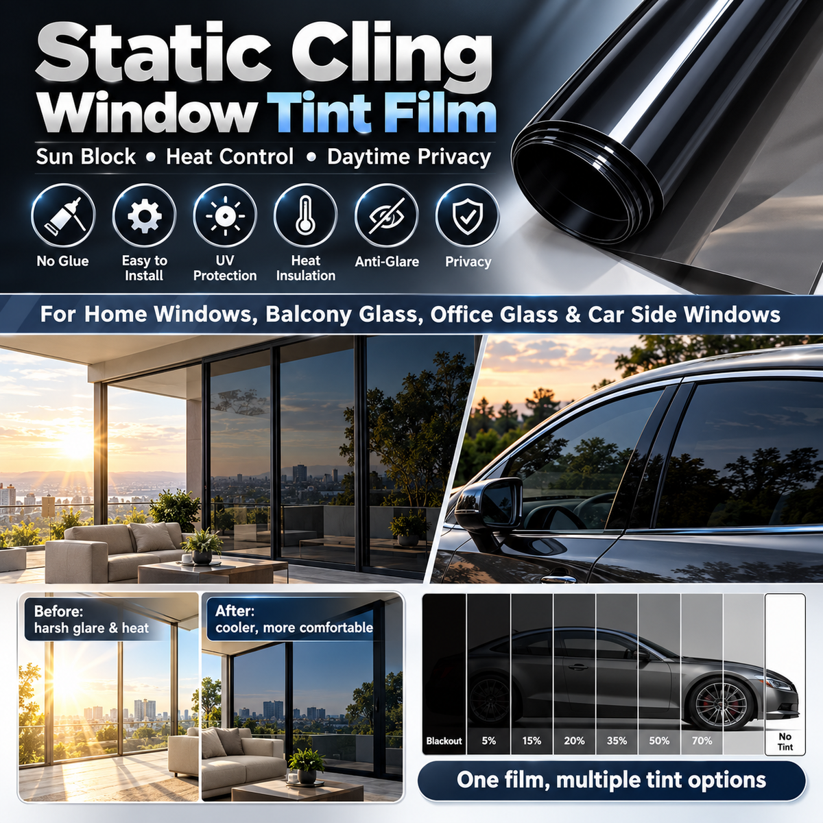 🌞 50% RABATT NU! Multi-Purpose Scratch-Resistant Window Tint Film – UV-skydd, värmeduktion & reptåligt lager – perfekt för bilfönster, hemfönster och glasdörrar ✨