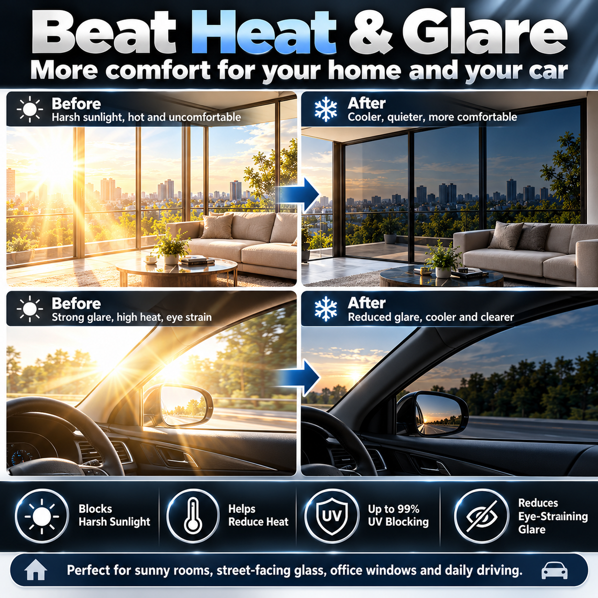 🌞 50% RABATT NU! Multi-Purpose Scratch-Resistant Window Tint Film – UV-skydd, värmeduktion & reptåligt lager – perfekt för bilfönster, hemfönster och glasdörrar ✨