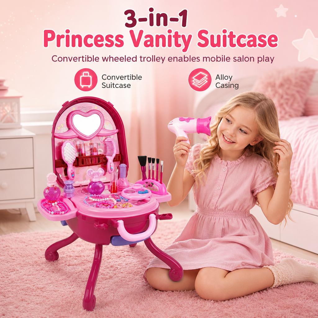 👑 50 % RABATT NU! 💄 3-i-1 prinsess-sminkväska – förvandlas från rullväska till fristående sminkbord med 30 delar ✨