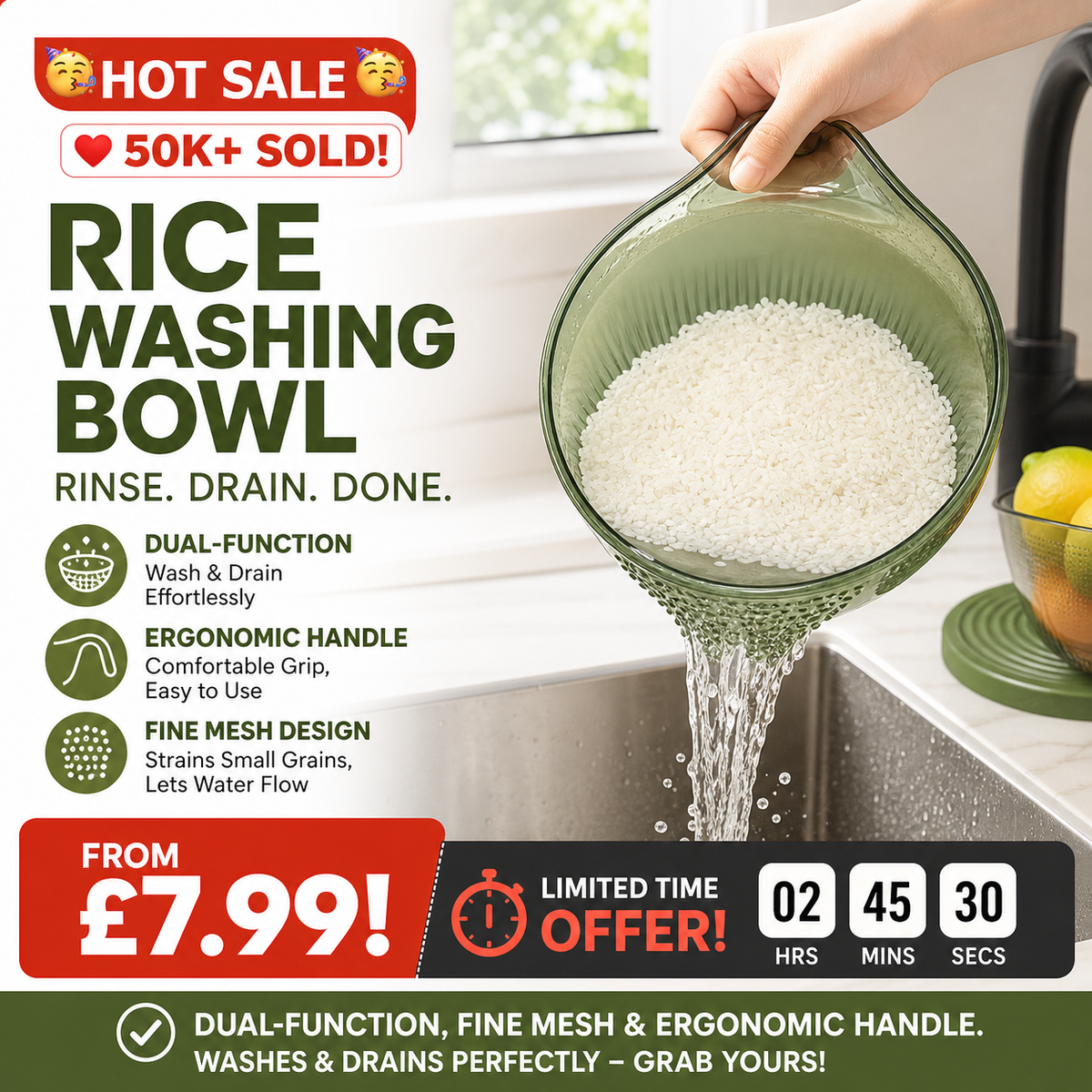 🍚 50% RABATT ✨ Smart rissköljningsskål med finmaskig sil – förenklar matlagningen